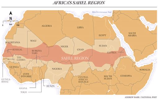 A map of the Sahel region (in pink)
