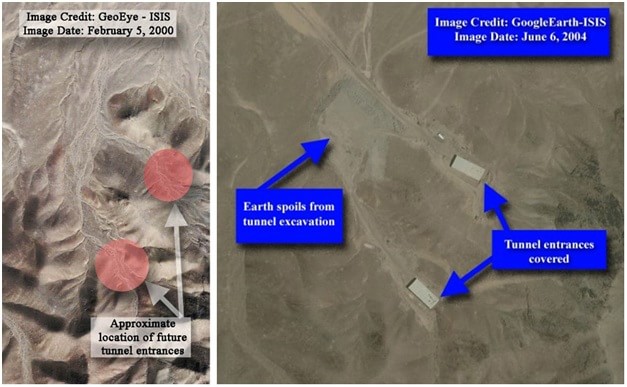 Left image: 5 February 2000 Qum site. The tunnel entrances have not yet been built.  Right image: 6 June 2004. Two covered tunnel entrances and pile of earth spoils can be detected in the image.