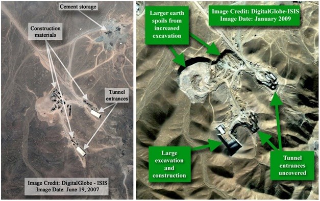 Left image: DigitalGlobe image of the Qum site in June 2007. Construction materials may be seen adjacent to tunnel entrances and at construction staging areas. Right image: Image from DigitalGlobe of the Qum site in January 2009. There is much more construction and excavation activity two years later.