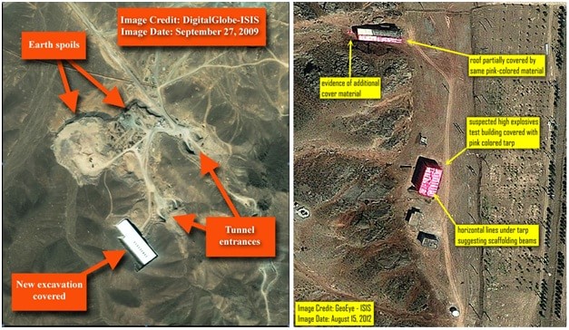 Left image: Satellite image of Iran’s Fordow enrichment facility near the city of Qum, 27 September 2009 Right image: Image from DigitalGlobe of the same site. There is much more construction and excavation activity, 15 August 2012